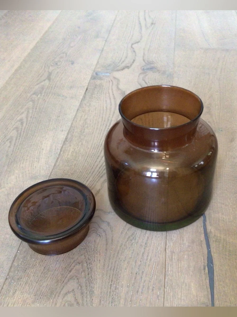 Amber Glass Jar with lid 6.5”H